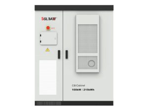 BSLBATT ESS-GRID 100kW 215kWh commercial battery energy storage system front view with integrated cooling unit and emergency stop controls